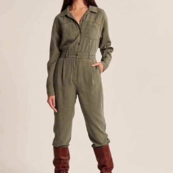 Abercrombie & Fitch Petite Utility Jumpsuit Military Green Cotton Long Sleeve - Picture 15 of 16